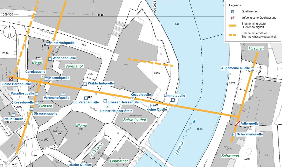 Plan des Bäderquartiers mit Lage der Thermalquelle
